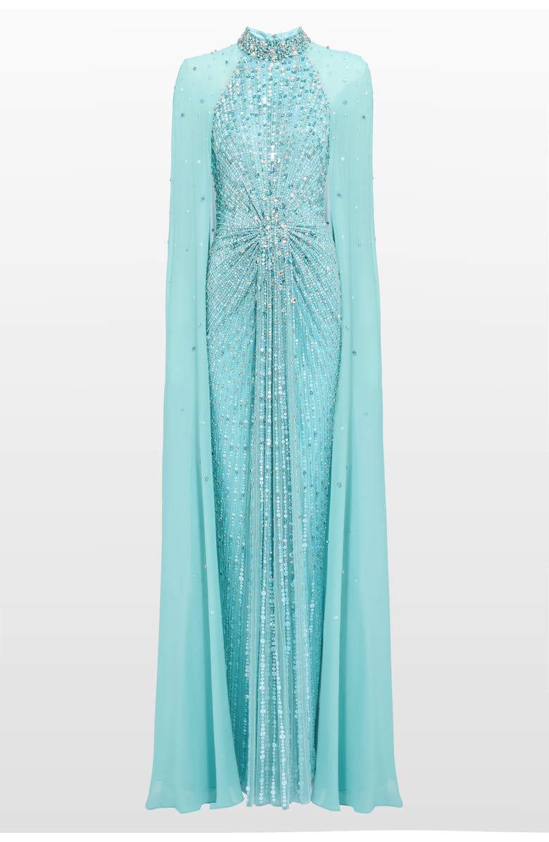 Jenny Packham Thea Embellished Cape Maxi Dress, Main, color, Light Turquoise