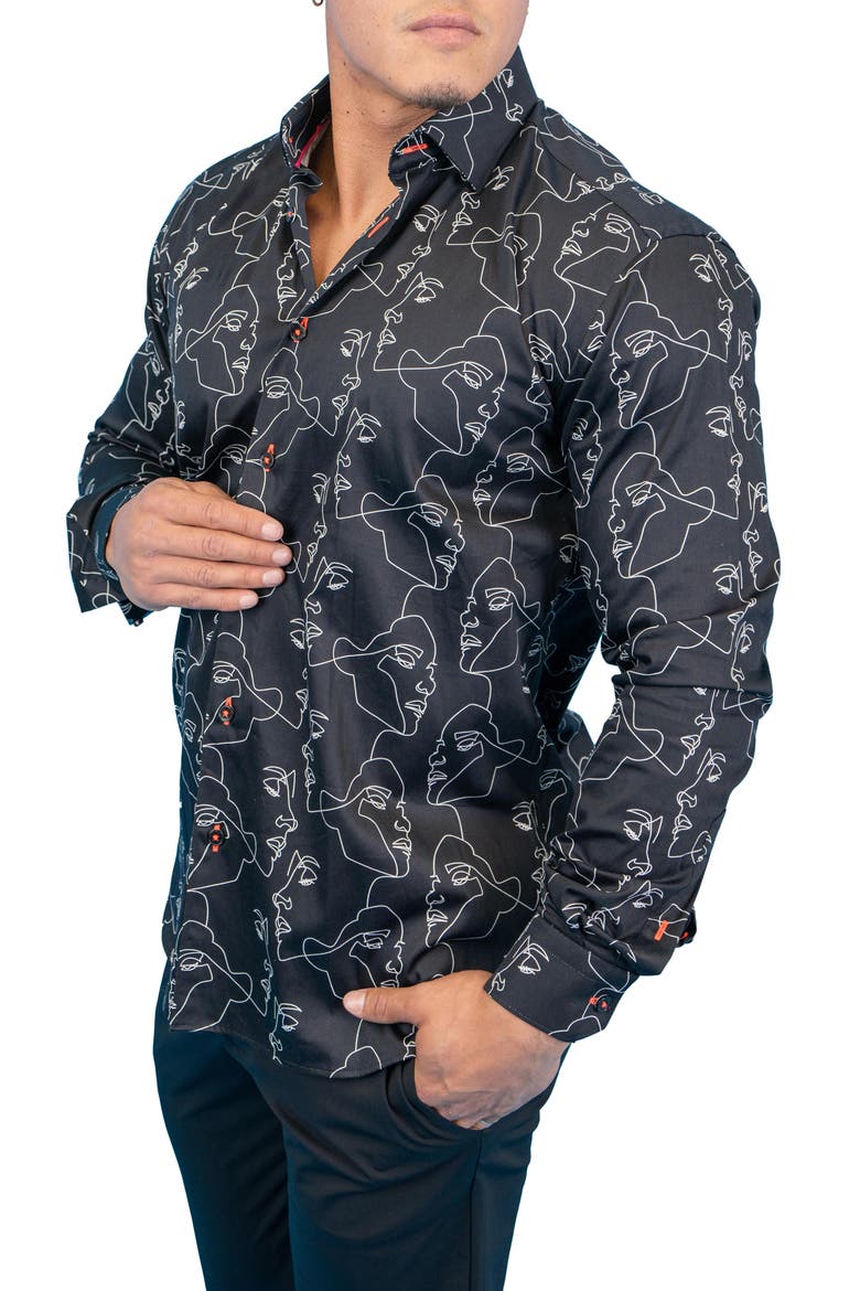 Fibonacci Retro Look Black Contemporary Fit Button-Up Shirt, Alternate, color, BLACK