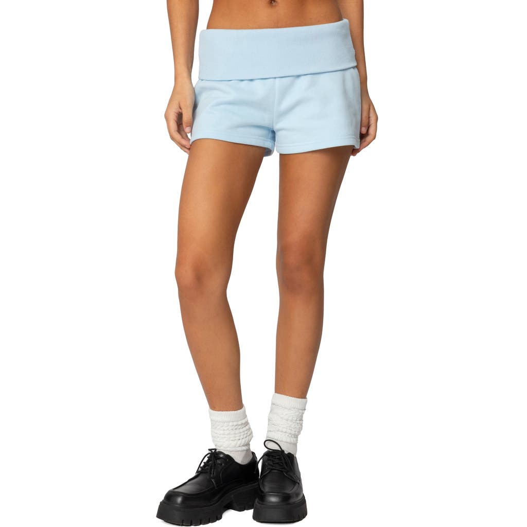 Edikted Super Fold Over Sweat Shorts In Light-blue