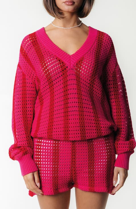 Lizza Crochet Stripe V-Neck Sweater