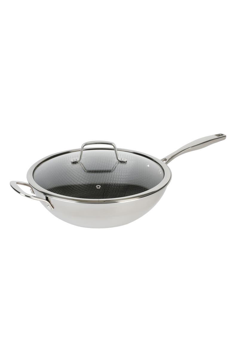 Kenmore Elite Luke 12 Inch Non-Stick Tri-Ply Stainless Steel Wok with Glass Lid, Main, color, Metallic Silver