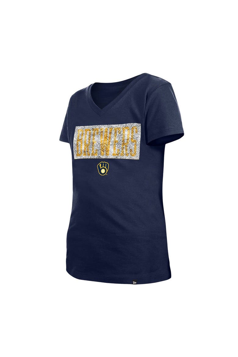 Girls Youth New Era Navy Milwaukee Brewers Flip Sequin Team V-Neck T-Shirt, Alternate, color, Navy