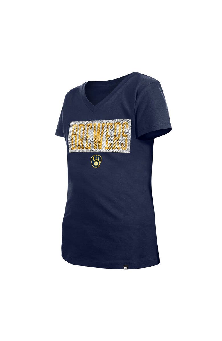 New Era Girls Youth New Era Navy Milwaukee Brewers Flip Sequin Team V-Neck T-Shirt, Alternate, color, 