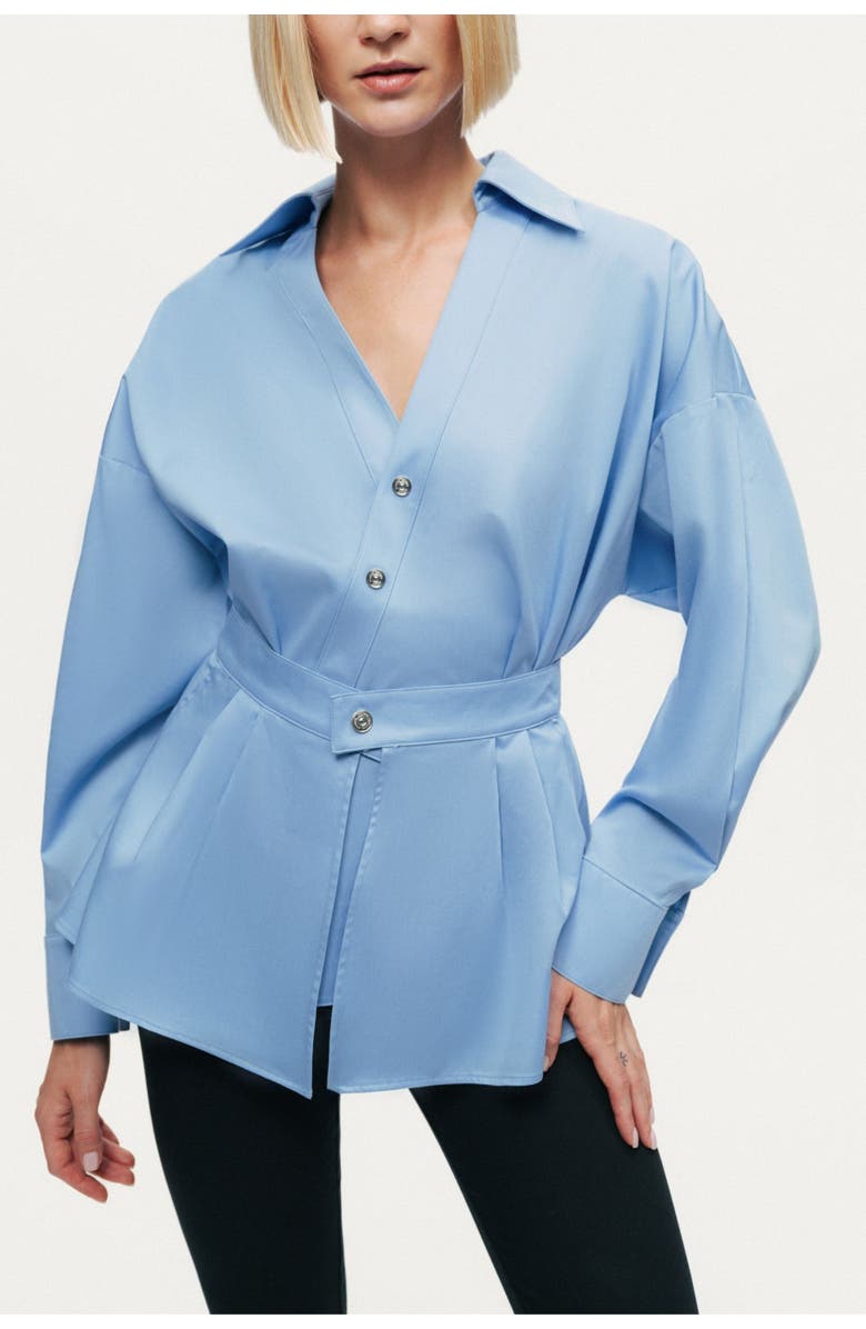 Nocturne Belted V-Neck Poplin Shirt, Alternate, color, Blue