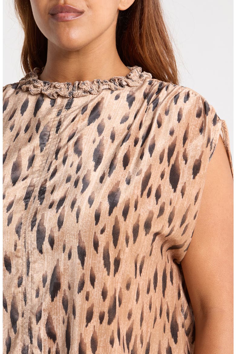 Smocked Ruffle Neck Top, Alternate, color, CARAMEL LATTE/ CHARCOAL MULTI
