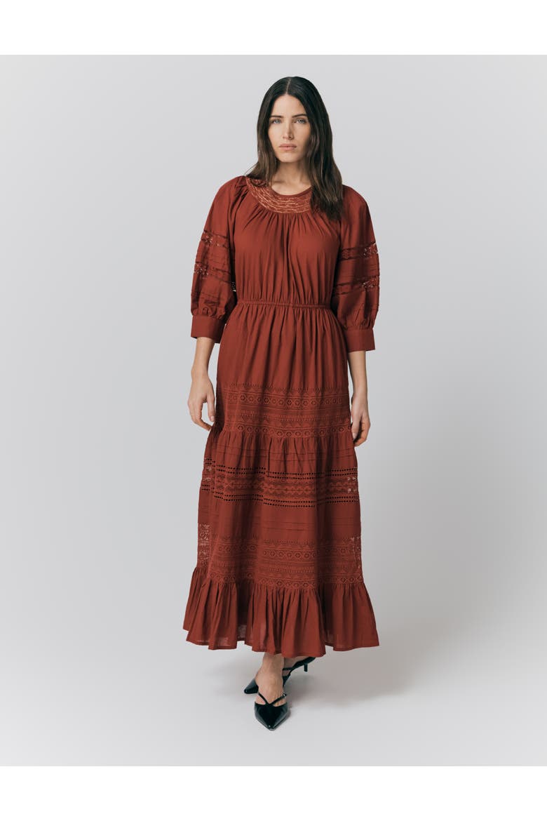 Leoni Lace Trim Cotton Midi Dress, Main, color, Burgundy