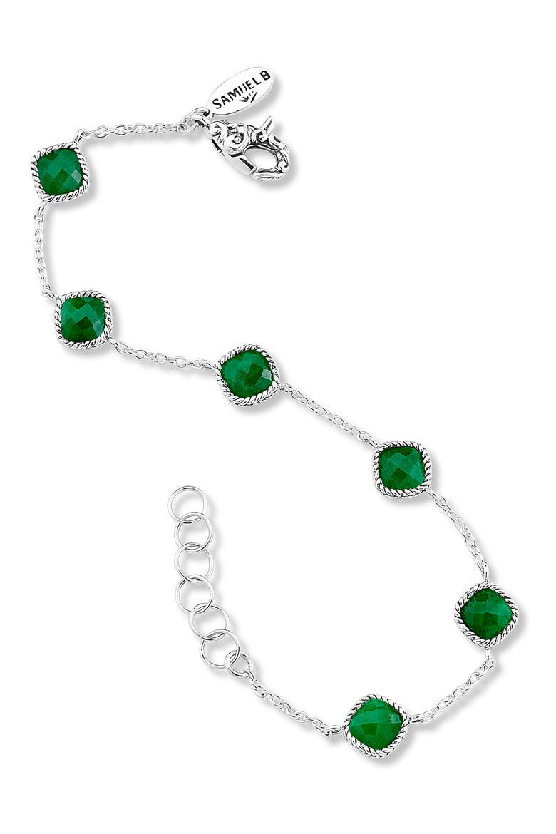 Sterling Silver Cushion Cut Semi-Precious Stone Station Bracelet, Alternate, color, GREEN