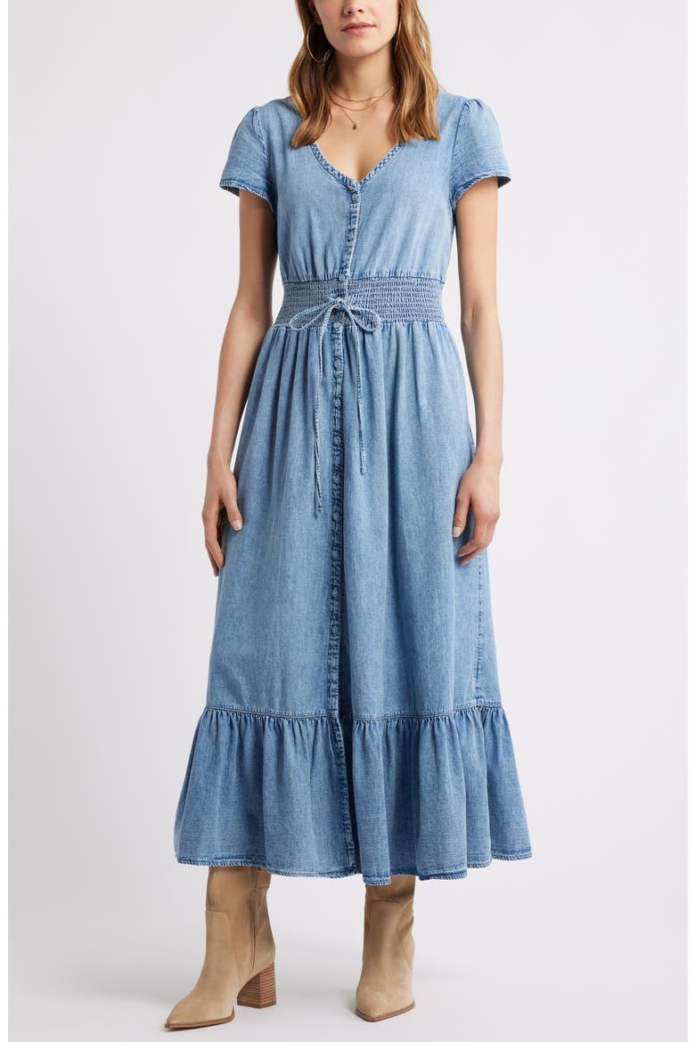 Smocked Waist Chambray Maxi Dress, Main, color, MEDIUM WASH