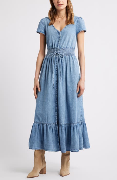 Smocked Waist Chambray Maxi Dress