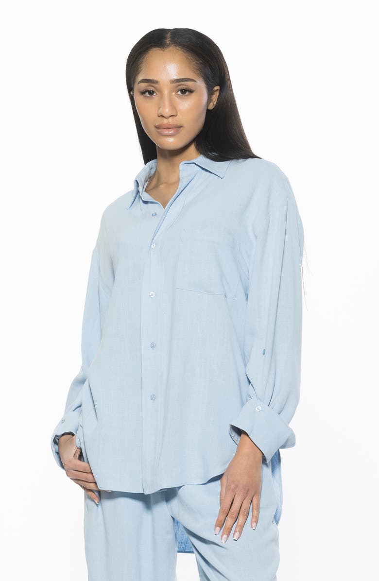Alexia Admor Amber Oversize Linen & Cotton Button-Up Shirt, Alternate, color, Blue