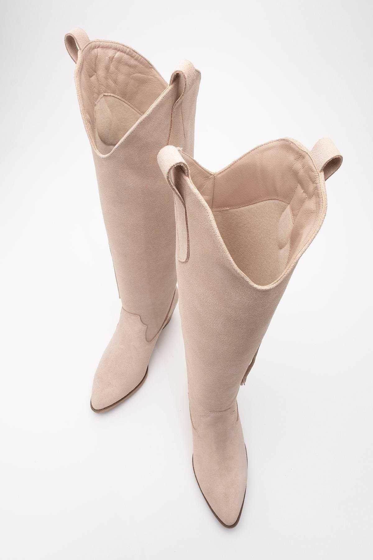 Rios Leather Fringe Knee High Boot, Alternate, color, Beige Suede Leather