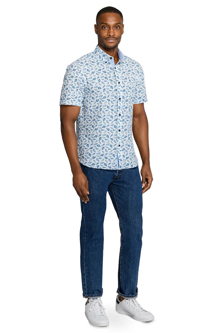 Fish Print Short Sleeve Seersucker Button-Up Shirt, Alternate, color, NAVY/ GREEN