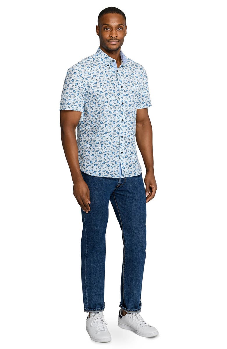 CONSTRUCT Fish Print Short Sleeve Seersucker Button-Up Shirt, Alternate, color, Navy/ Green