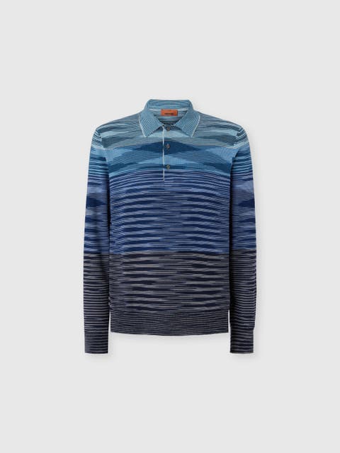 Long Sleeve Polo In Pure Wool With Flame Pattern