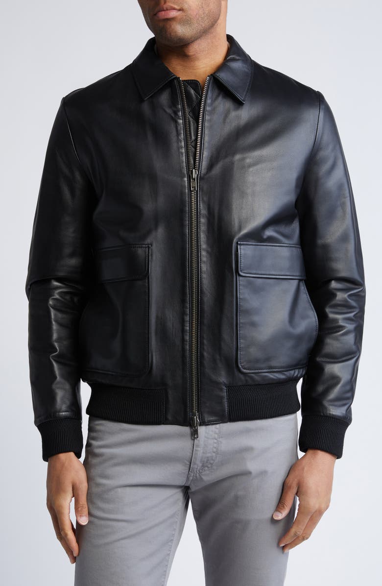Bugatchi Zip Front Leather Bomber Jacket, Alternate, color, Black