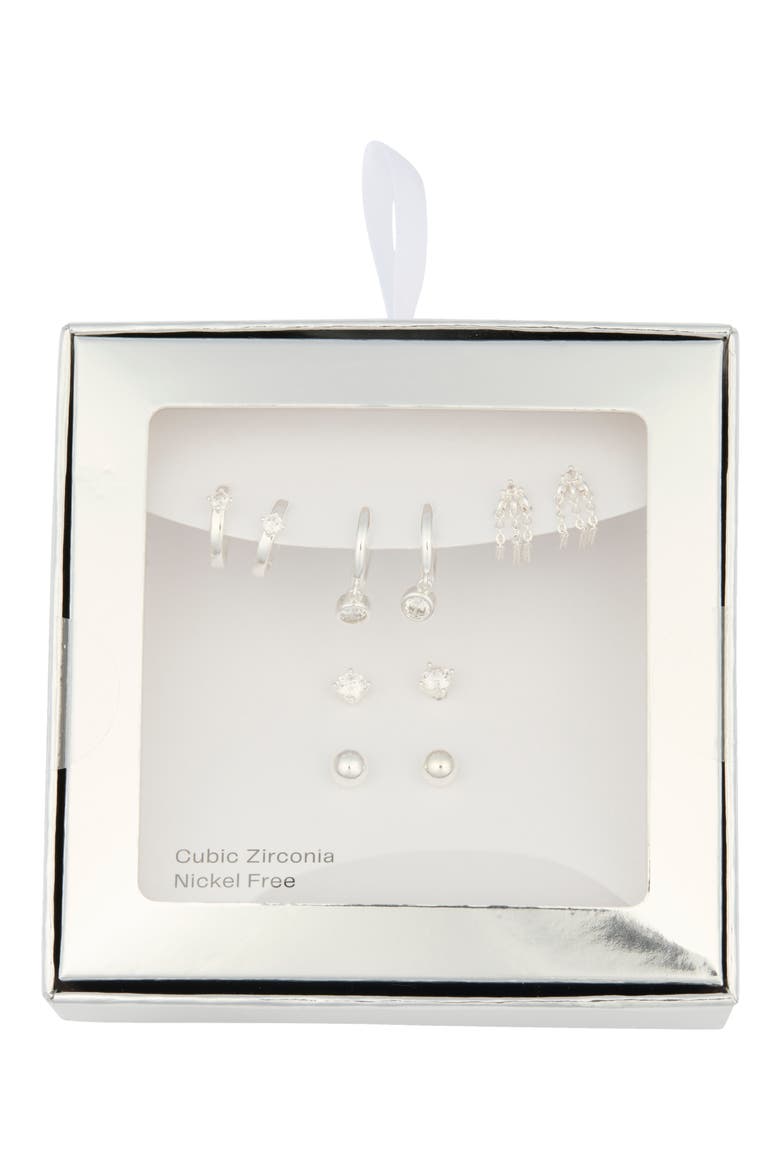 Demi-Fine 5-Pack Assorted Everyday Essential Earrings, Main, color, CLEAR- SILVER