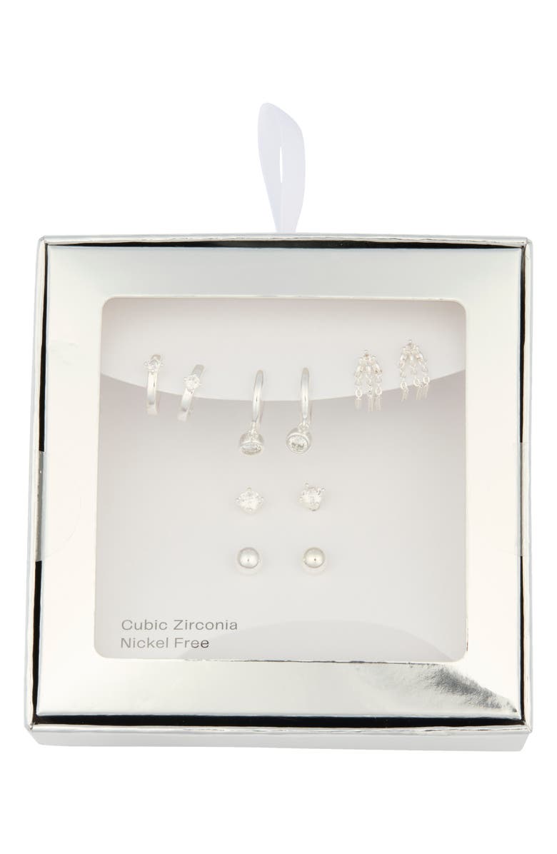 NORDSTROM RACK Demi-Fine 5-Pack Assorted Everyday Essential Earrings, Main, color, Clear- Silver