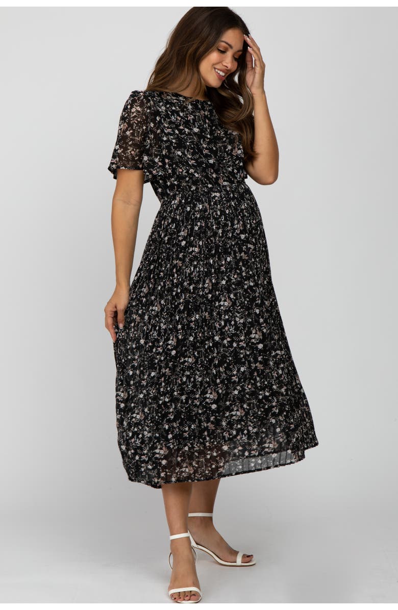 PinkBlush Floral Pleated Chiffon Midi Dress, Alternate, color, Black