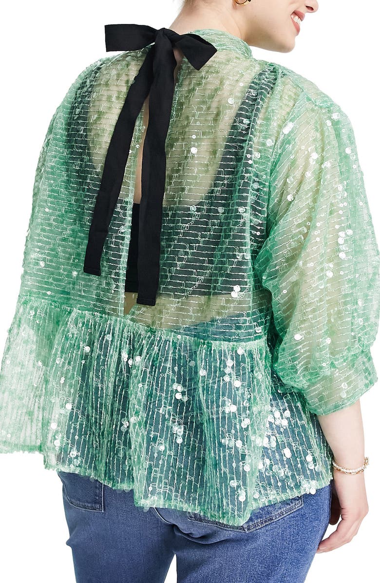 ASOS DESIGN Curve Sequin Bow Back Sheer Peplum Top, Alternate, color, 