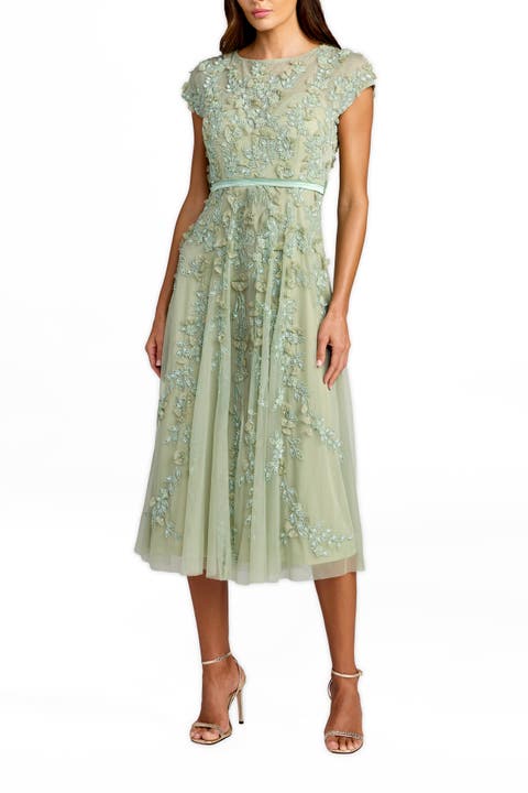Women's Floral Embellished Cap Sleeve Midi Dress