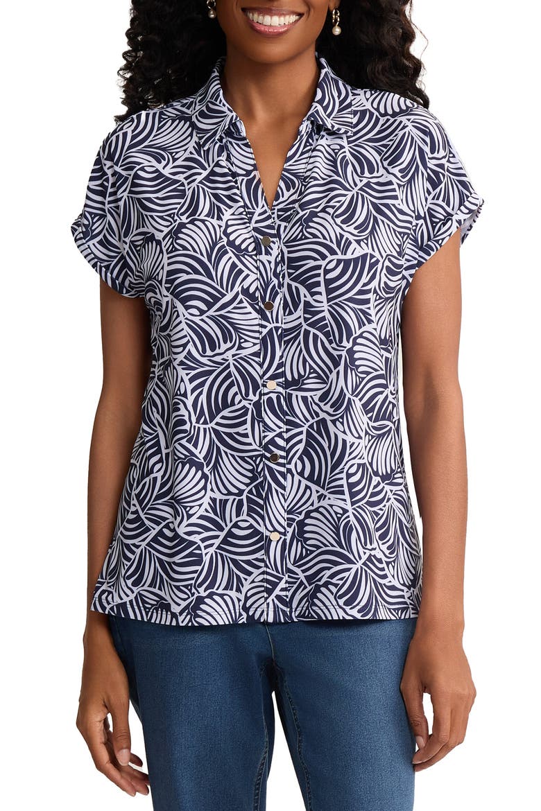 Leaf Print Button-Up Shirt, Main, color, PACIFIC NAVY/ NATURAL WHITE