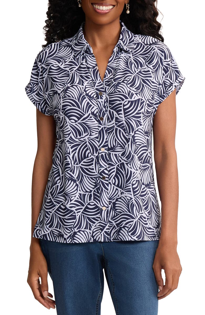 Jones New York Leaf Print Button-Up Shirt, Main, color, Pacific Navy/ Natural White