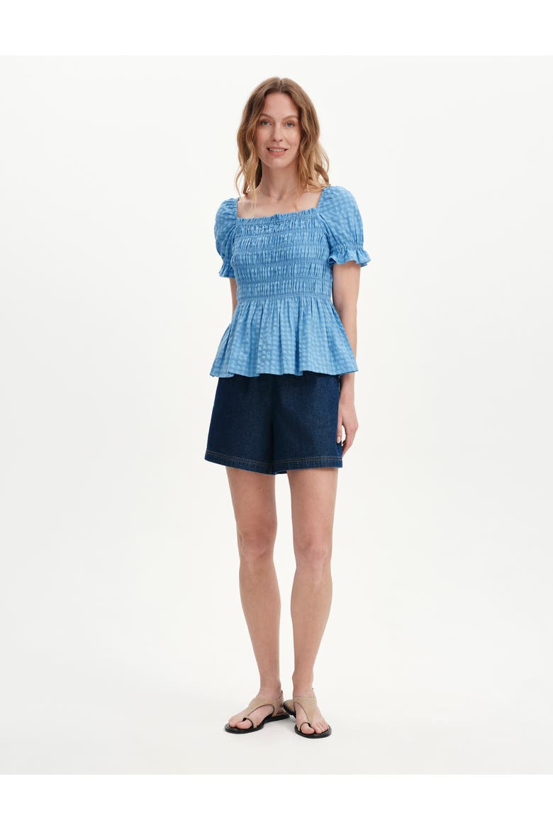 Cynthia Shirred Gingham Seersucker Top, Alternate, color, Blue