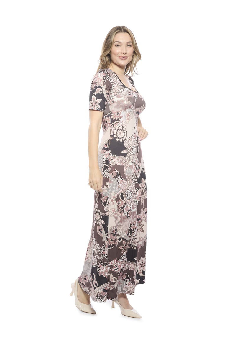 Womens Essential Scoop Neck Elbow Sleeve A-Line Maxi Dress, Alternate, color, Brown Multi