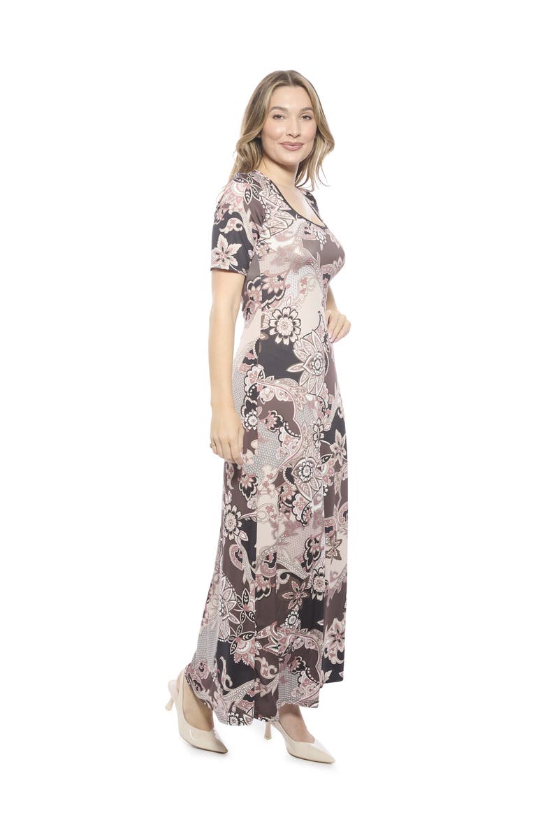 24seven Comfort Apparel Womens Essential Scoop Neck Elbow Sleeve A-Line Maxi Dress, Alternate, color, Brown Multi