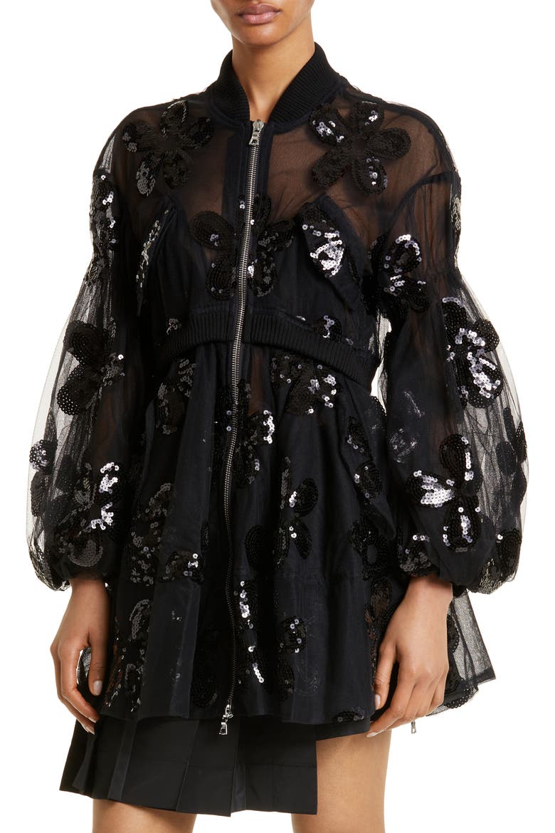 Sequin Daisy Puff Sleeve Sheer Tulle Bomber Jacket, Alternate, color, BLACK/ BLACK