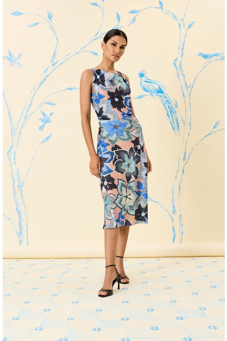Printed Ruched Midi Dress, Alternate, color, TAUPE/ COBALT BLUE