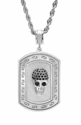 Men's Greek Key Skull Dog Tag Pendant Necklace