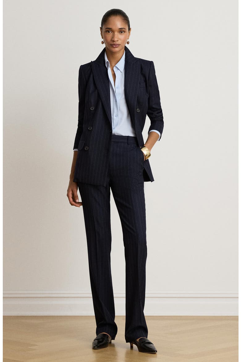 Pinstripe Double-Breasted Twill Blazer, Alternate, color, NAVY BLUE/ WHITE
