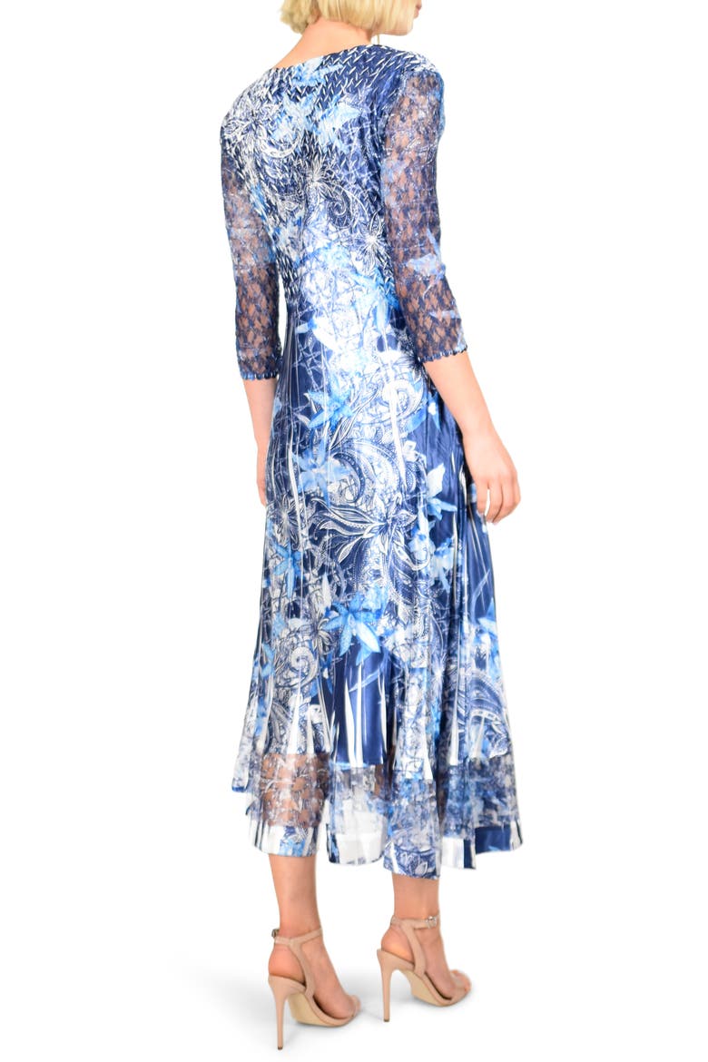 Floral Print Charmeuse Tea Length Dress, Alternate, color, LAVISH INK