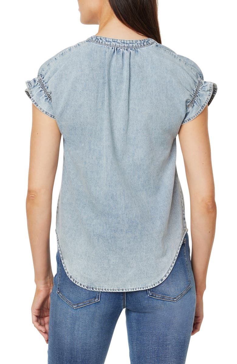 CURVE APPEAL Ruffle Short Sleeve Denim Top, Alternate, color, Cadiz