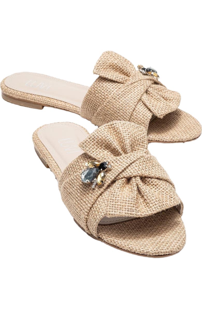 Prologue Shoes Daphne Raffia Bow Slide Sandal, Main, color, Beige Faux Leather