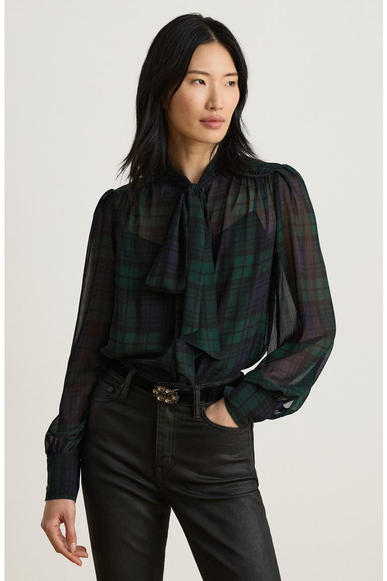 Plaid Long Sleeve Georgette Top, Alternate, color, NAVY BLUE