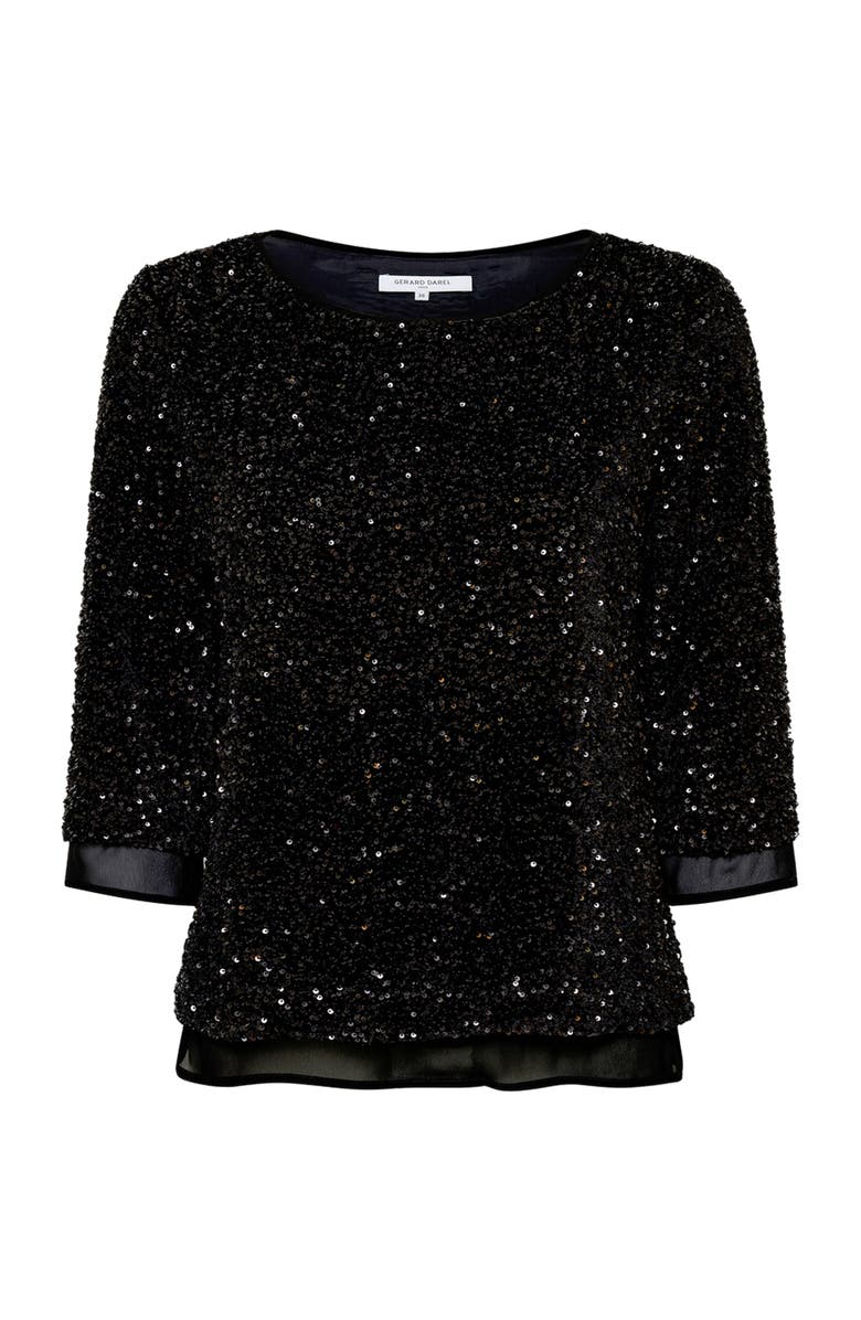 GERARD DAREL Alienor Sequin 3/4 Sleeve Voile Trim Top, Alternate, color, Black