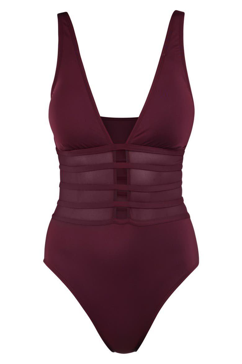 Strappy Mesh Inset One-Piece Swimsuit, Alternate, color, DARK CHERRY