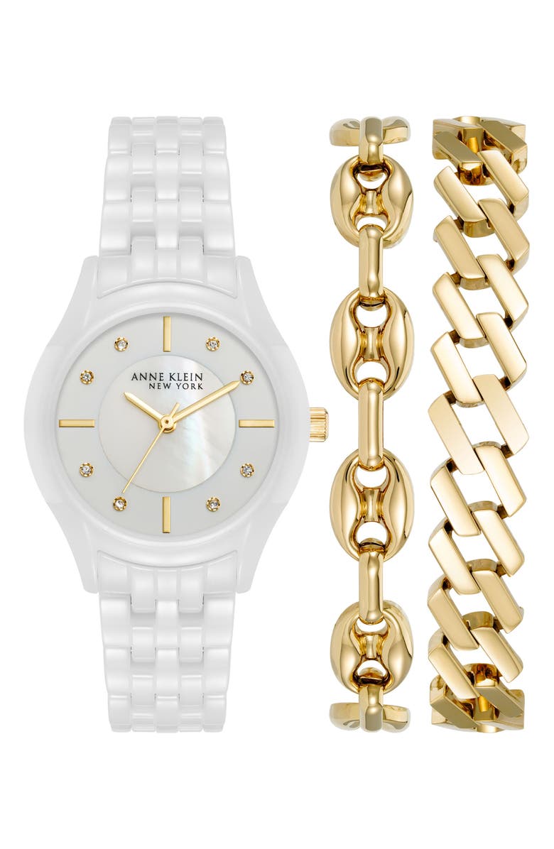 Anne Klein Three-Hand Quartz Bracelet Watch & Bracelet Set, Main, color, White/ Gold