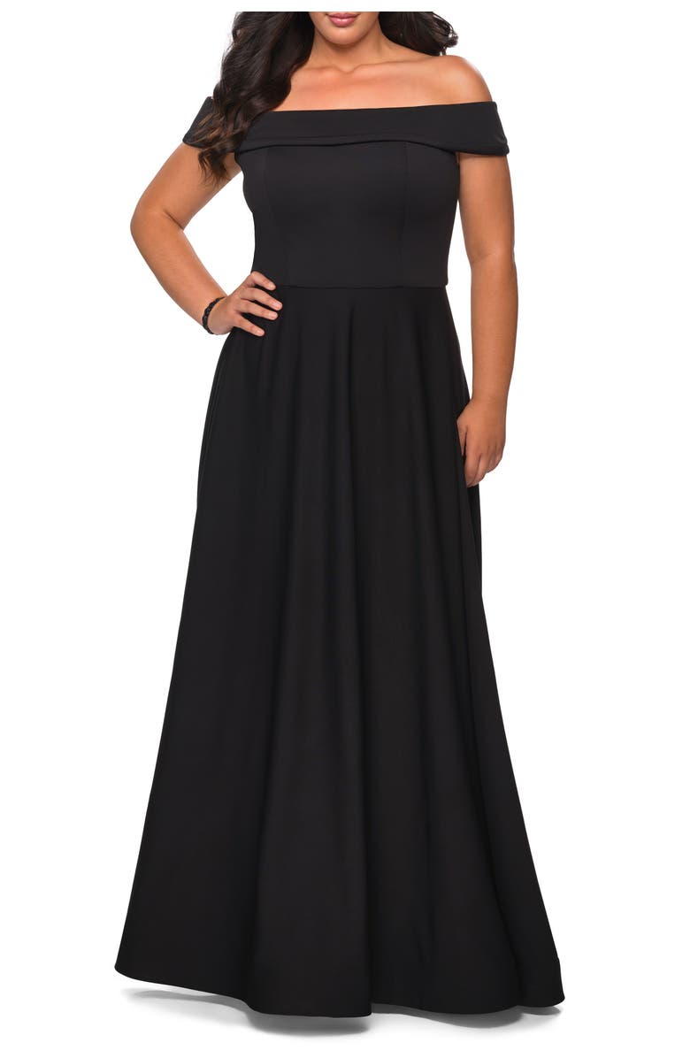 La Femme Off The Shoulder Plus Size Dress with Leg Slit, Alternate, color, Black