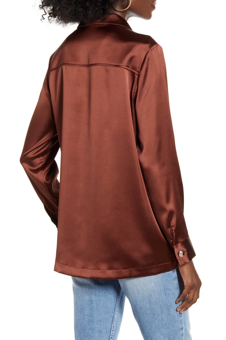 Satin Button-Up Shirt, Alternate, color, DARK BROWN