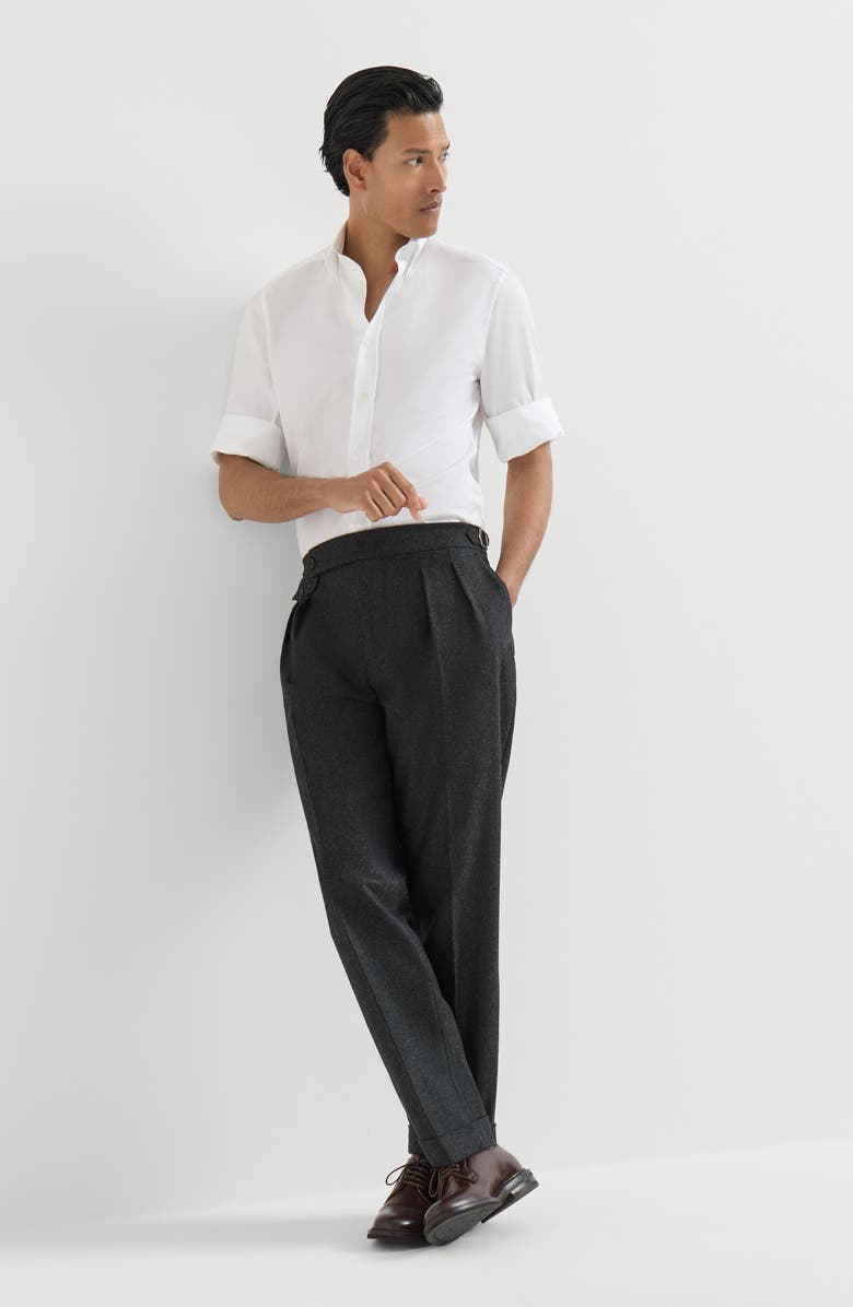 Brunello Cucinelli Virgin wool flannel trousers in twisted cotton gabardine with double pleats and waist tabs, Alternate, color, Lignite