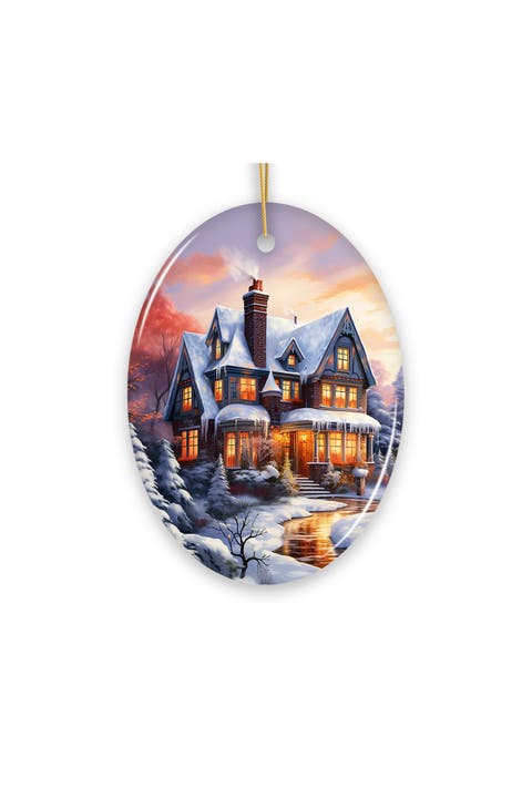 Snowy Victorian House Winter Sunset Oval Ornament