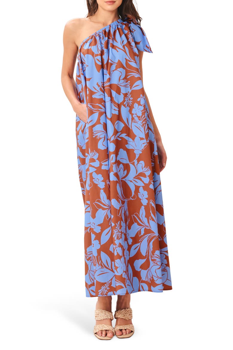 One Shoulder Cotton Midi Dress, Main, color, BROWN