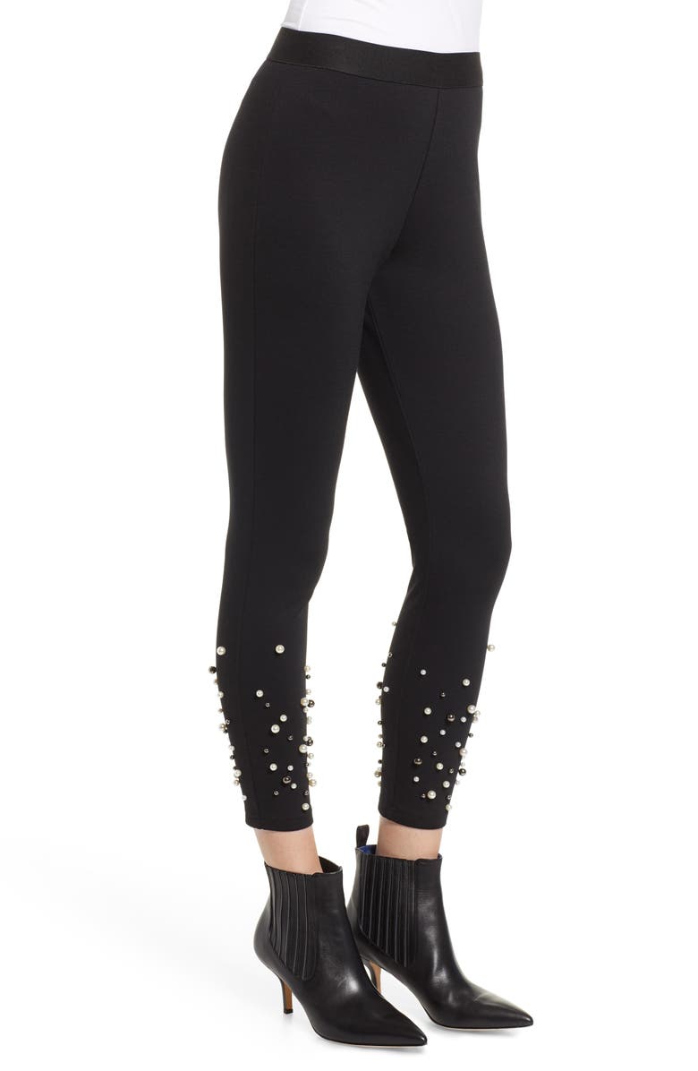 Nordstrom Imitation Pearl Embellished Leggings, Alternate, color, Black