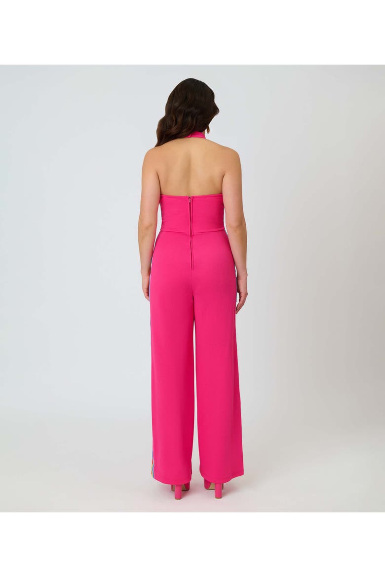 Sashed Sleeveless Halter Glamour Goddess Jumpsuit, Alternate, color, Pink Solid