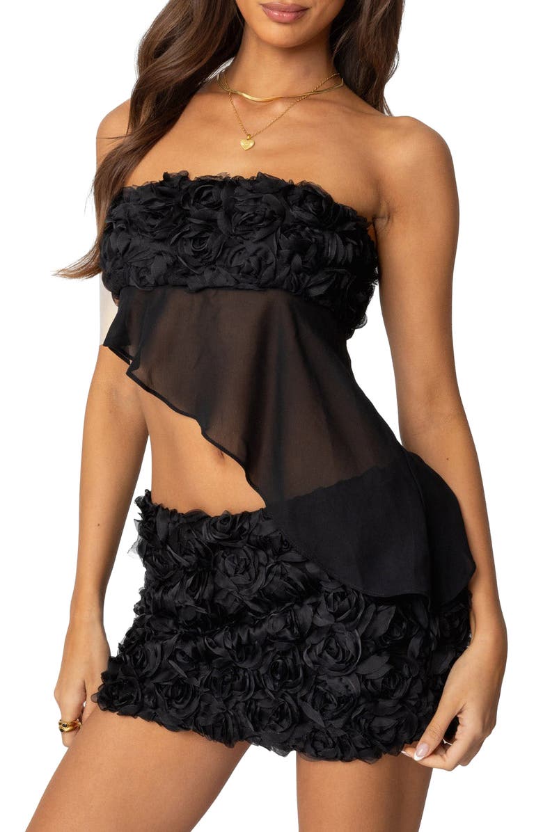 EDIKTED Nya Asymmetric Strapless Chiffon Top, Alternate, color, Black