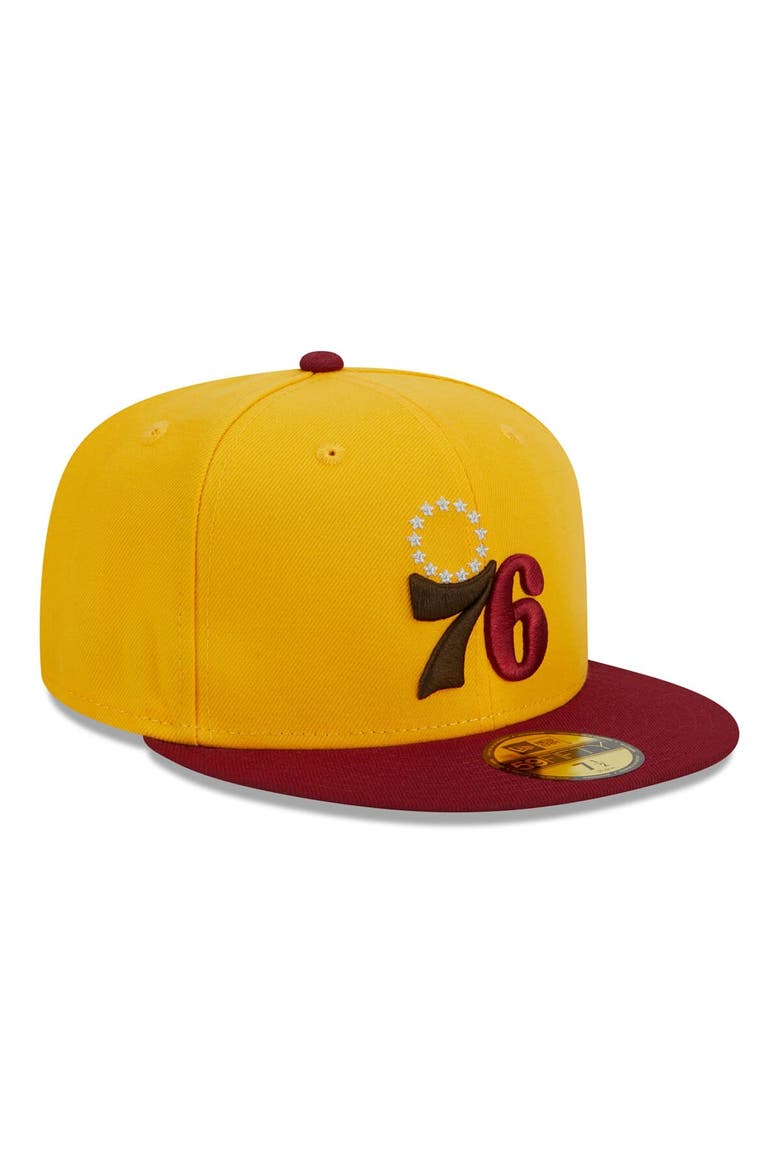 Men's New Era Yellow/Red Philadelphia 76ers Fall Leaves 2-Tone 59FIFTY Fitted Hat, Alternate, color, Yellow