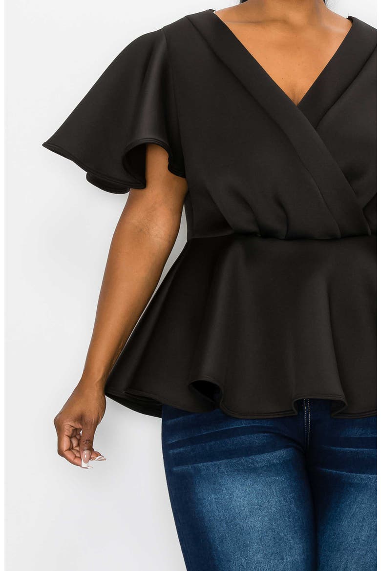 Siobhan Flutter Sleeve Scuba Knit Peplum Top, Alternate, color, BLACK